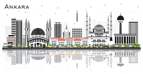 Ankara Turkey City Skyline with Color Buildings and Reflections Isolated on White.