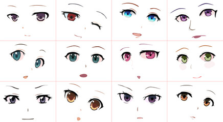 Set of Vector Cartoon Anime Style Expressions. Kawaii Cute Faces. Different Eyes, Mouth, Eyebrows. Joy. Anger. Calmness. Anime girl in japanese. Anime style, drawn vector illustration. Sketch.