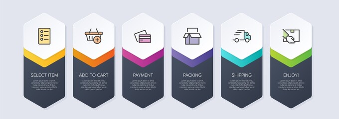 Concept of shopping process with 6 successive steps. Six colorful graphic elements. Timeline design for brochure, presentation, web site. Infographic design layout.