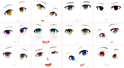 Set of Vector Cartoon Anime Style Expressions. Kawaii Cute Faces. Different Eyes, Mouth, Eyebrows. Joy. Anger. Calmness. Anime girl in japanese. Anime style, drawn vector illustration. Sketch.