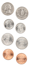 American quarter, dime, nickle, penny isolated on white background
