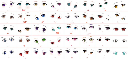 Set of Vector Cartoon Anime Style Expressions. Kawaii Cute Faces. Different Eyes, Mouth, Eyebrows. Joy. Anger. Calmness. Anime girl in japanese. Anime style, drawn vector illustration. Sketch. Big Set - obrazy, fototapety, plakaty