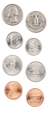 American quarter, dime, nickle, penny isolated on white background