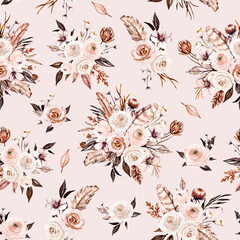 Seamless background, floral pattern with watercolor flowers roses. Repeat fabric wallpaper print texture. Perfectly for wrapped paper, backdrop.