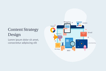 Content strategy design concept. Content marketing formats - website, blog, mobile, infographic, digital marketing and advertising concept. Flat design vector banner.