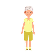 Little boy with bandaged head cartoon flat vector illustration isolated.