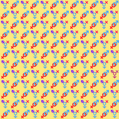 blue male red female purple transgender symbols holding each other on orange background repeat pattern