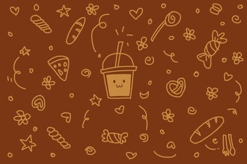 Freehand drawing art of coffee and Bakery in brown color theme. Bread products in beautiful Kawaii  Doodle style.
