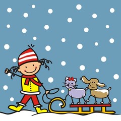 Girl with dog and cat on sledge, at background blue sky with snowflakes, humorous vector illustration
