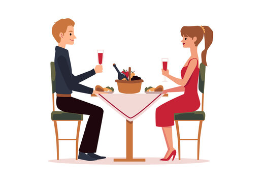 Loving romantic couple dining together flat vector illustration isolated.
