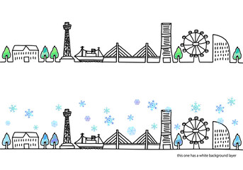 Obraz premium 冬の横浜の街並みと雪のイラストセット