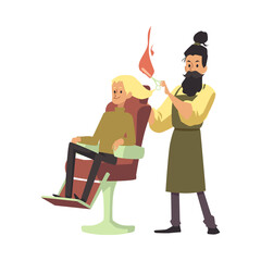 Barber doing a haircut of flaming scissors a vector isolated illustration