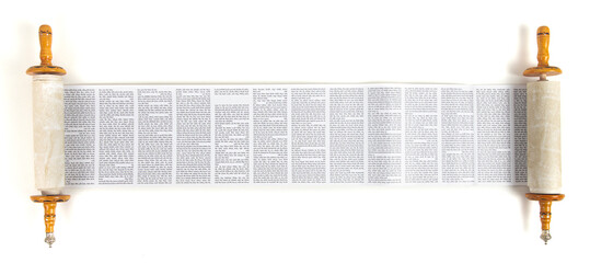 A Torah Scroll Rolled Out and Isolated on a White Background