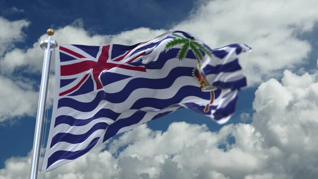 4k looping flag of British Indian Ocean Territory with flagpole waving in wind;timelapse rolling clouds background.A fully digital rendering.