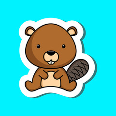 Cute cartoon sticker little beaver logo template. Mascot animal character design of album, scrapbook, greeting card, invitation, flyer, sticker, card. Vector stock illustration.