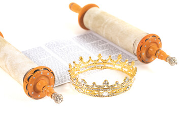 A Torah Scroll with a Royal Crown Isolated on a White Background