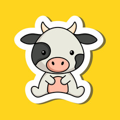 Cute cartoon sticker little cow logo template. Mascot animal character design of album, scrapbook, greeting card, invitation, flyer, sticker, card. Vector stock illustration.