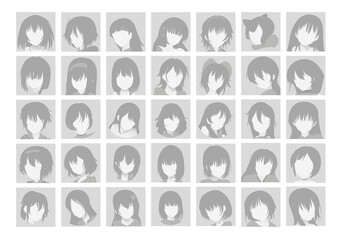 Vector Big Set of Anime Faces with Hair. Flat Gray Icons of Girls for Web and Mobile. Default Placeholder Avatar Profile on Gray Background. Gray photo. Beautiful Cartoon Portraits of Girls. EPS 10+