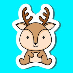 Cute cartoon sticker little deer logo template. Mascot animal character design of album, scrapbook, greeting card, invitation, flyer, sticker, card. Vector stock illustration.