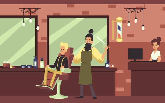 Barbershop interior with brick wall and working barber flat vector illustration.
