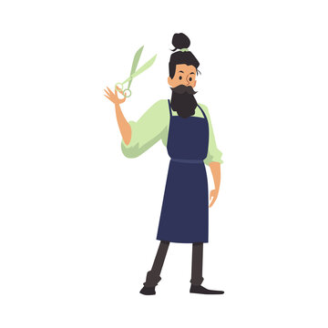 Vector cartoon character of bearded barber in apron and with scissors in hand