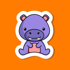 Cute cartoon sticker little hippo logo template. Mascot animal character design of album, scrapbook, greeting card, invitation, flyer, sticker, card. Vector stock illustration.