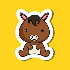 Cute cartoon sticker little horse logo template. Mascot animal character design of album, scrapbook, greeting card, invitation, flyer, sticker, card. Vector stock illustration.
