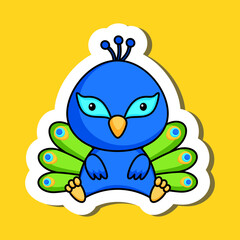 Cute cartoon sticker little peacock logo template. Mascot animal character design of album, scrapbook, greeting card, invitation, flyer, sticker, card. Vector stock illustration.