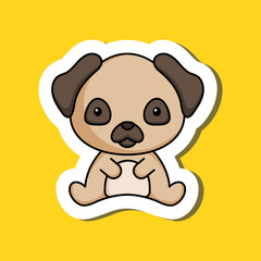 Cute cartoon sticker little pug dog  logo template. Mascot animal character design of album, scrapbook, greeting card, invitation, flyer, sticker, card. Vector stock illustration.