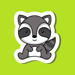 Cute cartoon sticker little raccoon logo template. Mascot animal character design of album, scrapbook, greeting card, invitation, flyer, sticker, card. Vector stock illustration.