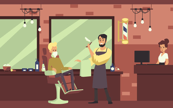 Vector flat cartoon illustration of interior of hair salon or barber shop