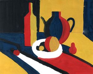 Image of still life Chiaroscuro contrast of light and shadow, acrylic painting Minimal graphics palette. Teapot, bottle, plate, fruits and vegetables Blue yellow red white black printed on Printed Glass Basin Splashbacks