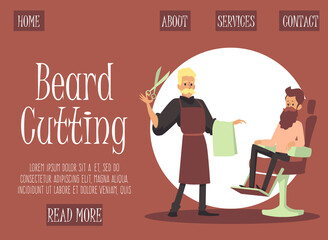 Barber Shop banner with barber doing beard cutting, flat vector illustration.
