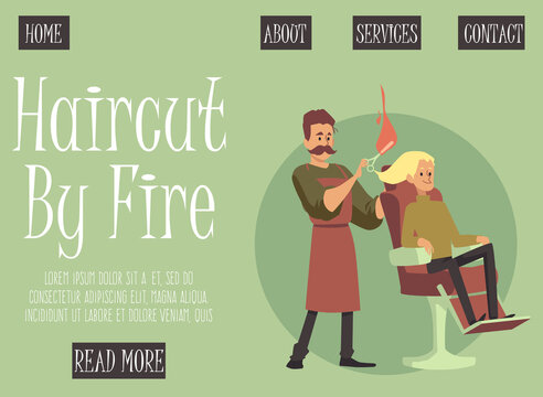 Barber doing a haircut with flaming scissors a vector landing page template