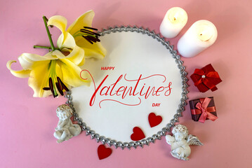 Fototapeta na wymiar Happy Valentine's day! Card, online banner, greeting card, Flat lay on Valentine's Day, on a pink background