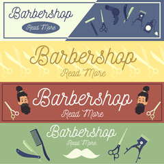 Set of banners or posters for barber shop with tools, flat vector illustration.