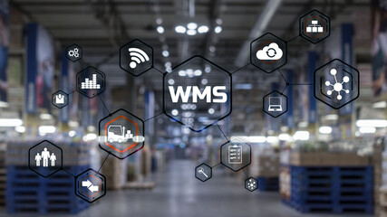 Inscription WMS on blurred warehouse background. Werehouse Management System. - obrazy, fototapety, plakaty