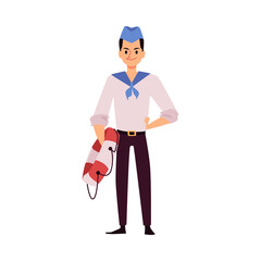 Young sailor or seaman character with lifebuoy flat vector illustration isolated.