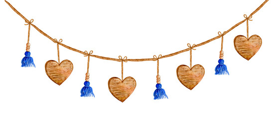 Yarn tassels with strung beads, Wooden hearts on the rope. Handmade toys for the new year..Watercolor hand-drawn  elements. Perfect for home decor, New Year cards and Merry Christmas