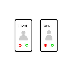 smart phone with coming call signal from mum and dad isolated on white background