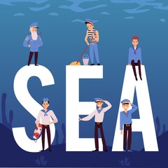 Vector banner with sailors and captain sea crew of cruise liner, ship or yacht