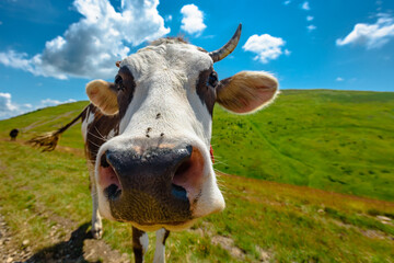 Closeup of brown cow with white pattern grazing on mountain pasture