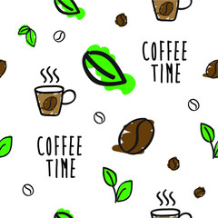 seamless pattern coffee time with cup and tree and bean ornament