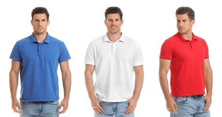 Collage with young man in stylish t-shirts on white background