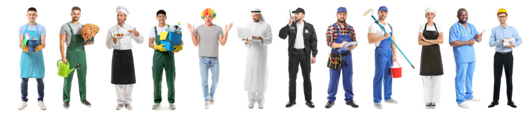 Collage with people of different professions on white background