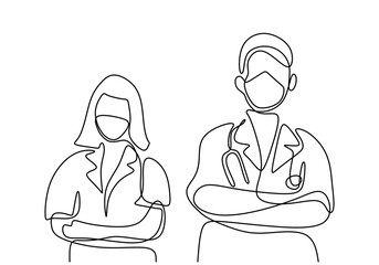 One single line drawing of the doctor and nurse wearing face mask and pose standing and put the hand cross in front of her chest. Medical teamwork concept. Minimalism design. Vector illustration