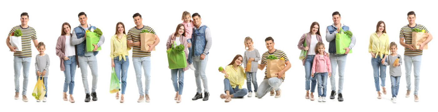 Collage of family with food in shopping bags on white background