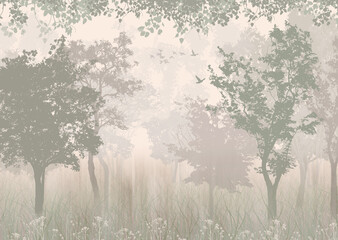 Wallpaper. Green forest with birds. Pink background - obrazy, fototapety, plakaty