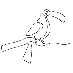 One continuous line drawing of cute toucan bird. A beautiful exotic bird with a peak isolated on white background. Endangered animal mascot concept for national conservation park icon. © ngupakarti