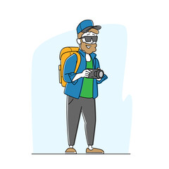 Tourist Photographer with Backpack and Photo Camera Making Picture. Creative Hobby, Man Traveling, Character Activity